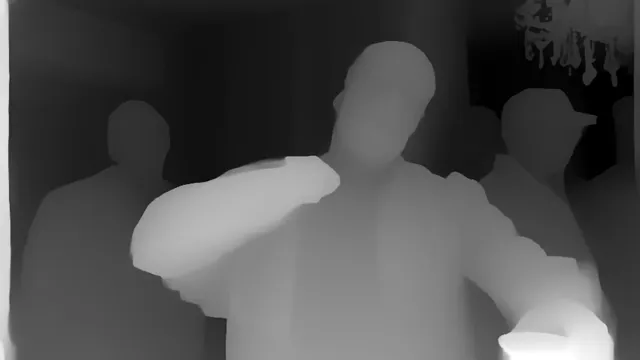 Burning Bridges AI depth-map frame: the performer grabs their collar