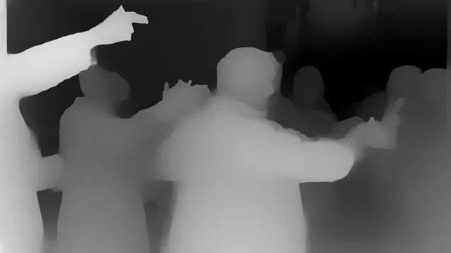 Burning Bridges AI depth-map frame: the performer points across the crowd
