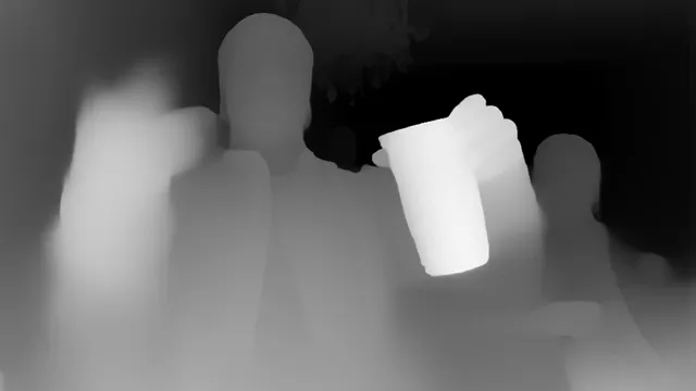 Burning Bridges AI depth-map frame: the performer pushes a cup toward the lens