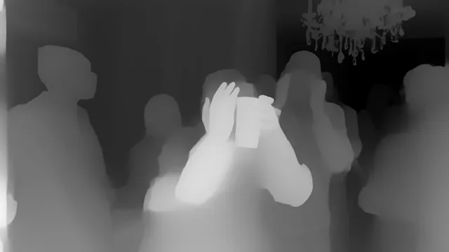Burning Bridges AI depth-map frame: the performer covers the eyes with a flat hand