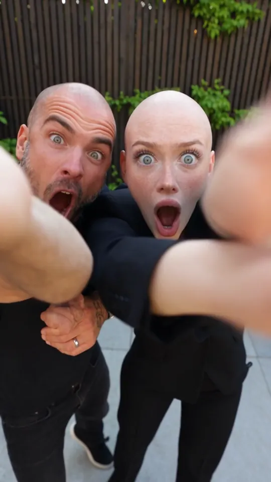 Smalltown Boy AI clip still: both performers lunge at the camera with hands reaching out